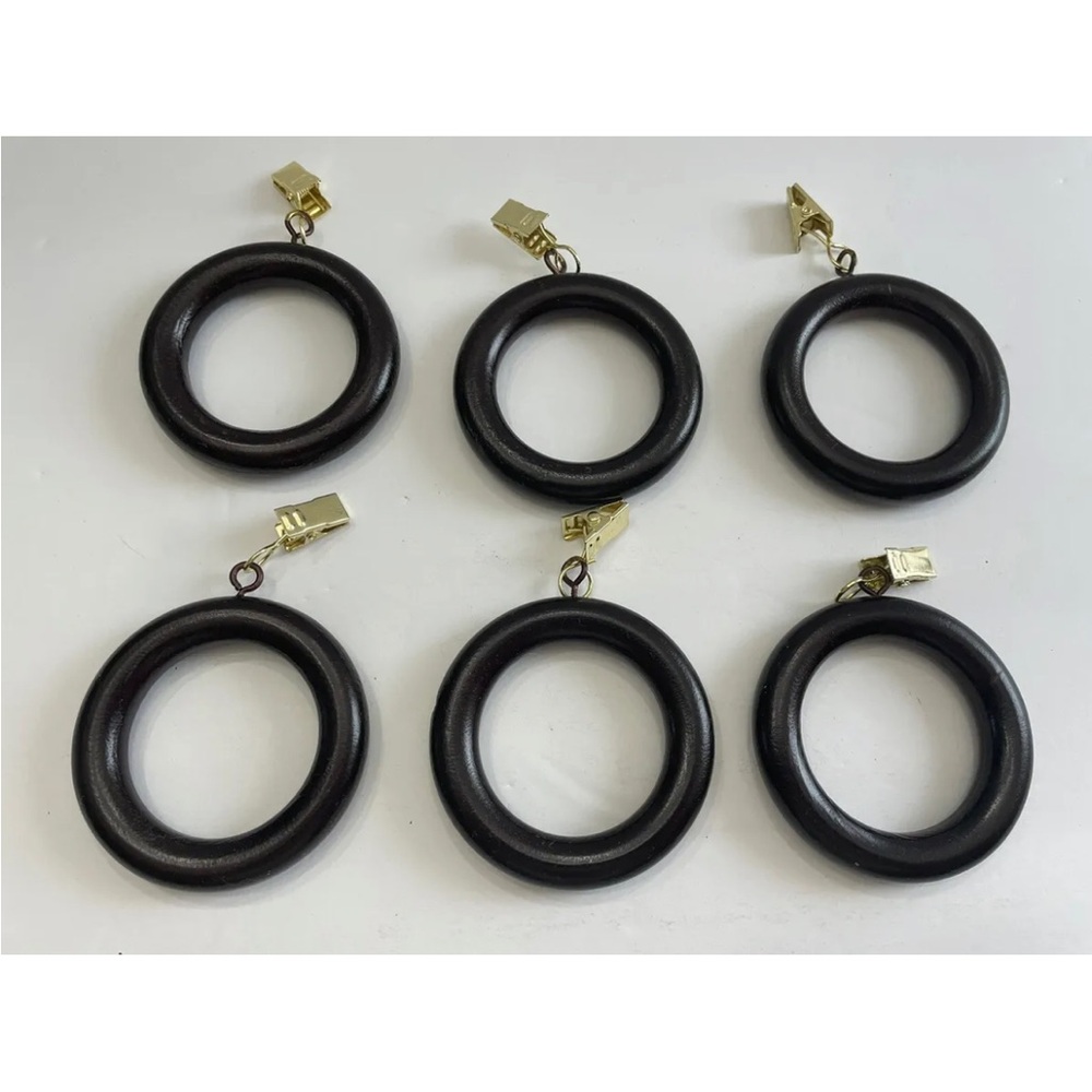 Vintage Wood Ring With Clips Shower Curtain Art Hangers 2” ID Set of 6 Espresso